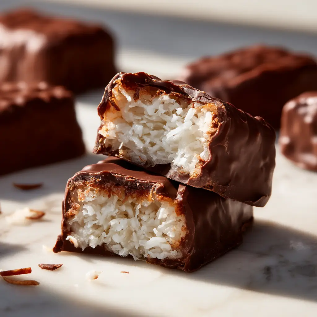 A close-up shot of a single homemade chocolate coconut bar, showcasing its glossy chocolate coating and dense, chewy coconut texture.