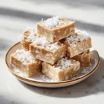 A close-up shot of square-cut coconut vanilla protein bars arranged neatly on a wooden board, garnished with shredded coconut.