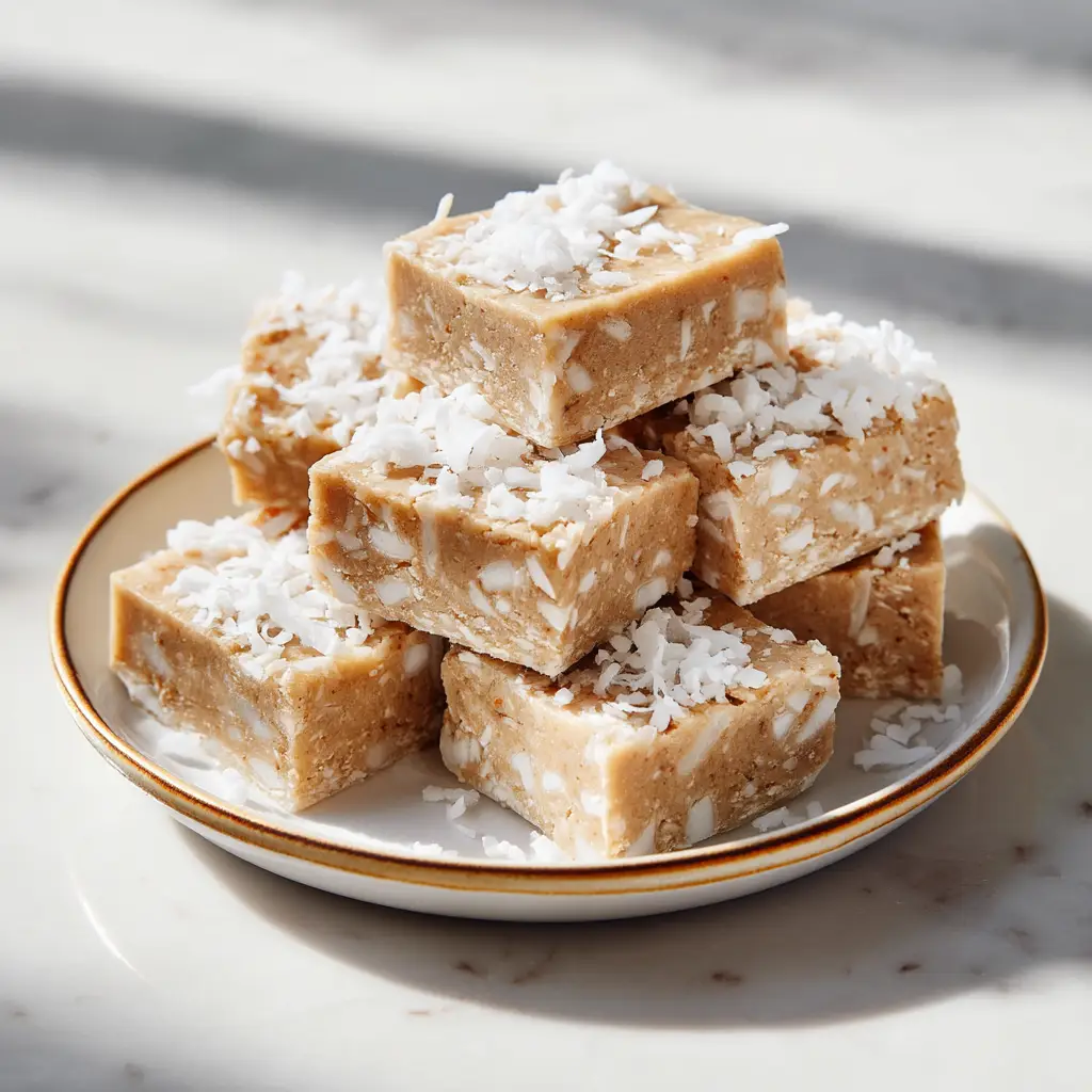 A close-up shot of square-cut coconut vanilla protein bars arranged neatly on a wooden board, garnished with shredded coconut.