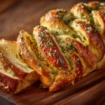 A close-up macro shot of the golden crust of homemade garlic bread, showing the texture of the melted Parmesan cheese and finely chopped herbs.