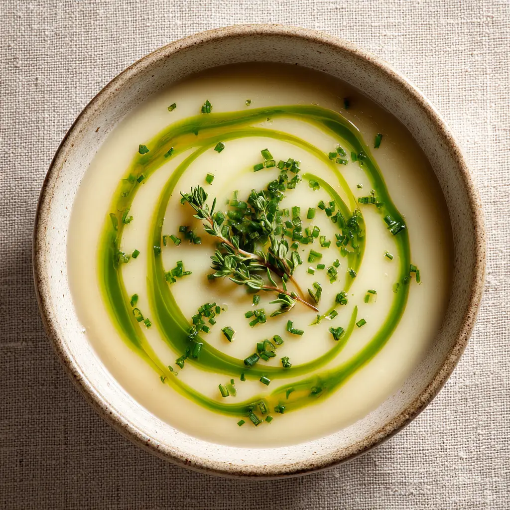 A close-up shot of a white bowl filled with homemade Ratatouille Soup. You can see chunks of tender eggplant, zucchini, and red peppers in the rich tomato broth, garnished with a basil leaf.