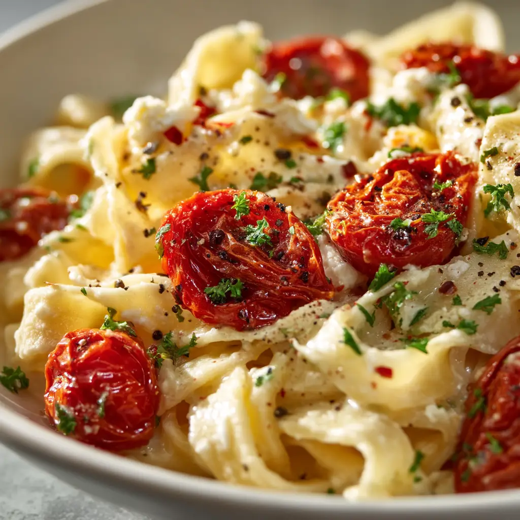 A bowl of homemade roasted tomato pasta being twirled on a fork, ready to be eaten. The dish is garnished with parmesan cheese and fresh basil.