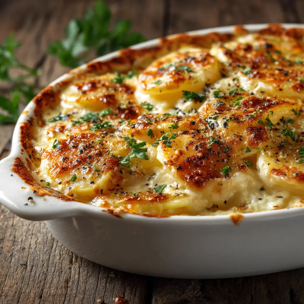 A close-up view of homemade scalloped potatoes, showcasing the layers of thinly sliced potatoes and the rich, creamy cheese sauce.