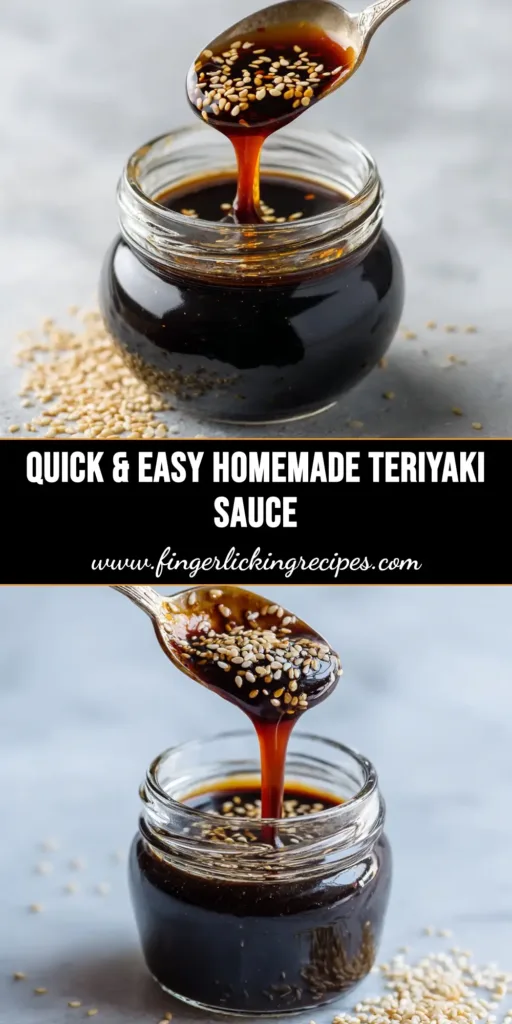 A sharable pin image for a homemade teriyaki sauce recipe, showing the dark, glossy sauce in a jar.