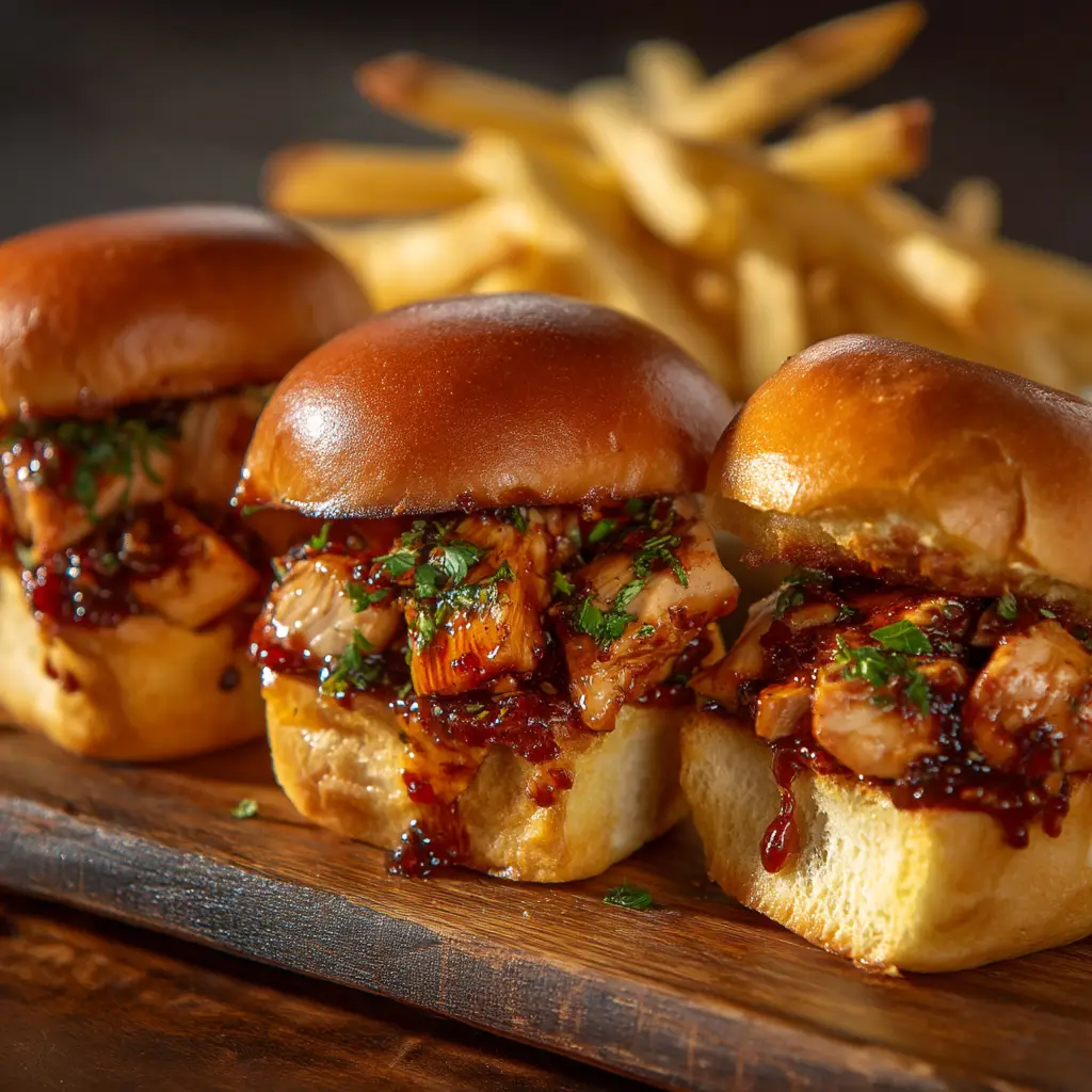 A close-up shot of three honey chipotle chicken sliders, showcasing the juicy shredded chicken filling and melted Monterey Jack cheese.