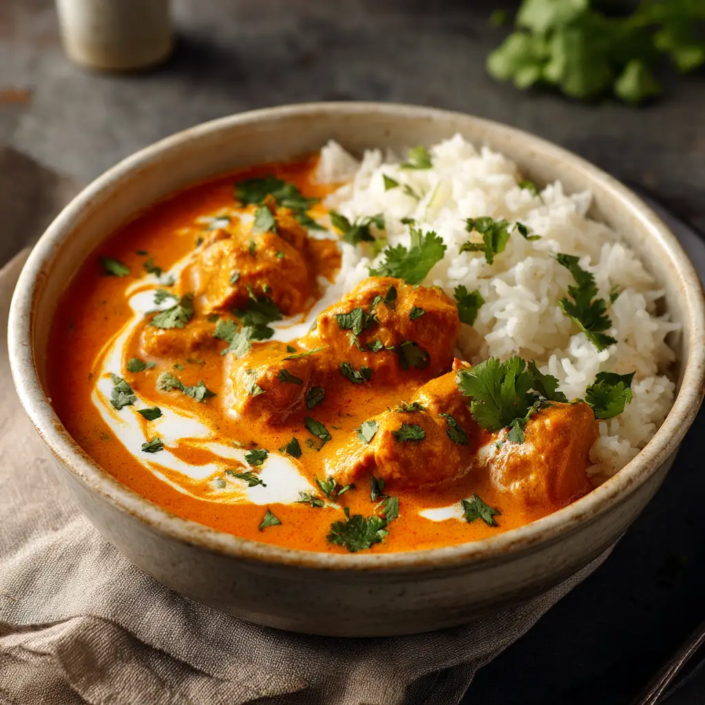 A step-by-step overhead shot of making authentic Murgh Makhani, with ingredients like tomatoes, cream, and spices laid out.