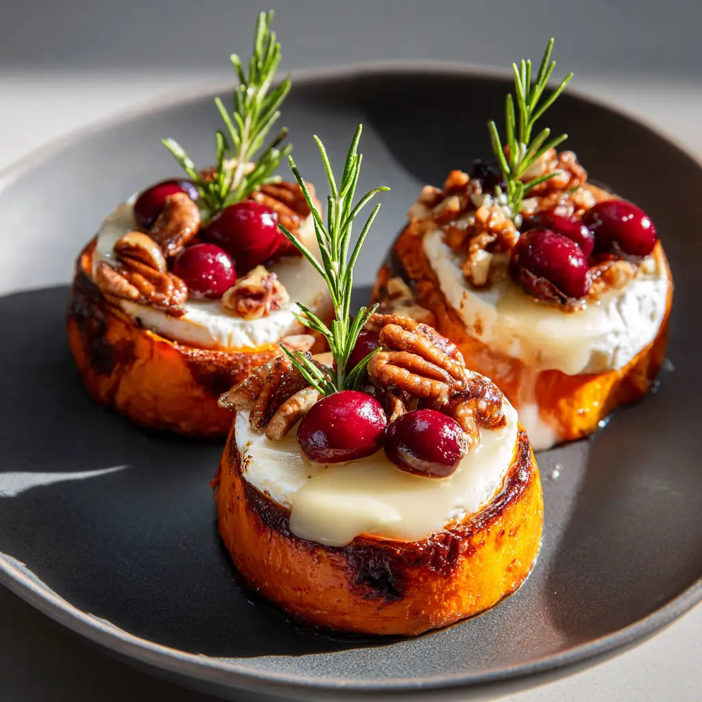 Three plump, glossy red whole cranberries and chopped toasted pecans nestled in a warm pool of melted brie on a sweet potato round.