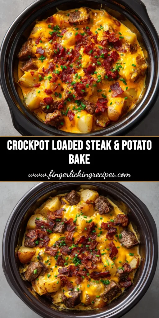 Crockpot Steak and Potatoes 4 A top-down view of loaded Crockpot Steak and Potatoes in a black ceramic insert, blanketed in melted bright orange cheddar cheese, crispy bacon, and fresh chives.