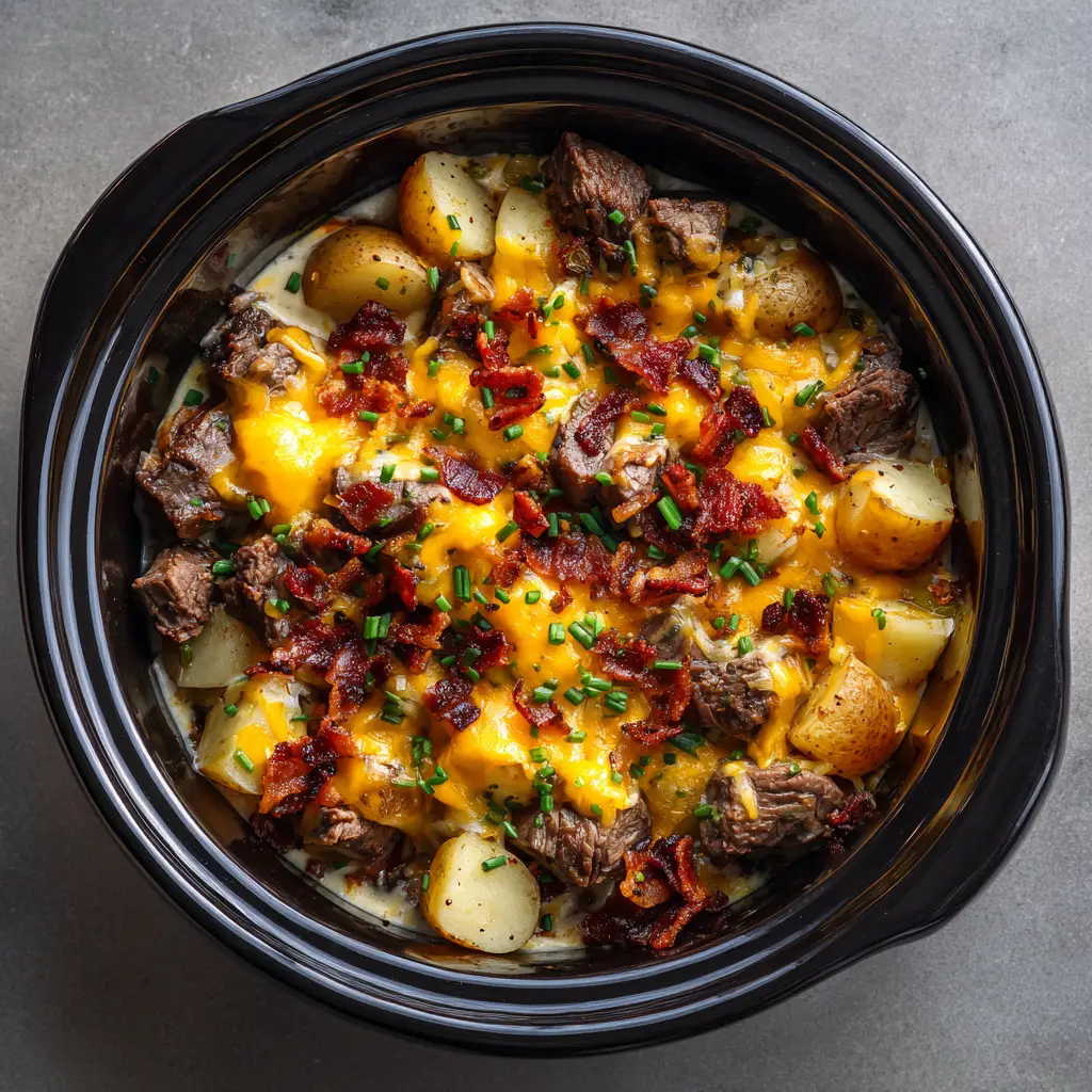 Crockpot Steak and Potatoes 2 A thick, gooey layer of melted bright orange cheddar cheese bubbling over tender potatoes and beef in a black slow cooker.