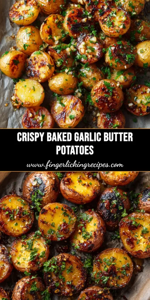 Crispy Baked Garlic Butter Potatoes 5 A close-up view of roasted halved baby potatoes with golden-brown charred edges, heavily coated in a melted butter glaze with minced cooked white garlic and fresh green parsley flakes.