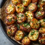 Top-down view of raw baby potatoes prepared for roasting on oil-stained parchment paper.