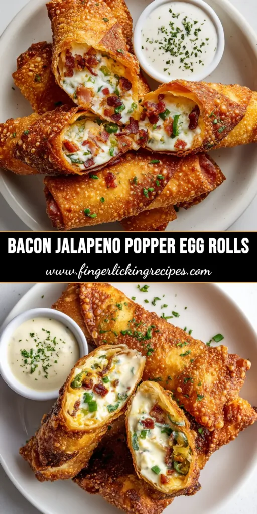 A towering stack of crispy Bacon Jalapeno Popper Egg Rolls sliced in half to show the oozing cream cheese, bacon, and jalapeno filling.