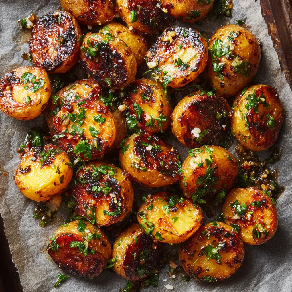 Crispy Baked Garlic Butter Potatoes 2 Close-up shot of hot baked potatoes blistering on a dark metallic baking sheet, waiting for garlic butter.
