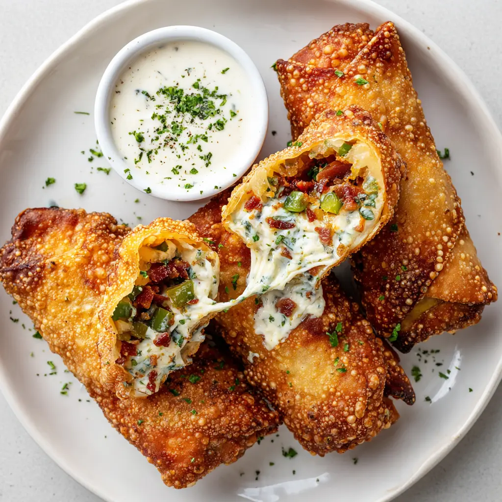 Close-up overhead shot of golden brown, crispy fried egg rolls cut in half diagonally on a white ceramic plate. The inside of the sliced egg rolls is oozing with thick melted white cream cheese, generously studded with finely diced bright green jalapenos and crispy dark red bacon crumbles.
