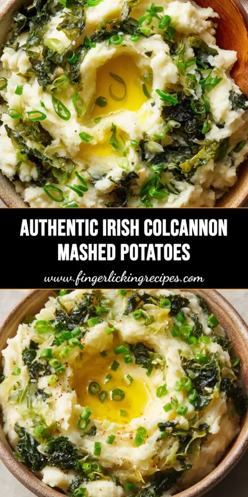 A rustic ceramic bowl filled with creamy mashed potatoes mixed with sauteed green cabbage and dark green kale ribbons, featuring a deep well of pooling melted yellow butter and garnished with finely chopped green scallions.