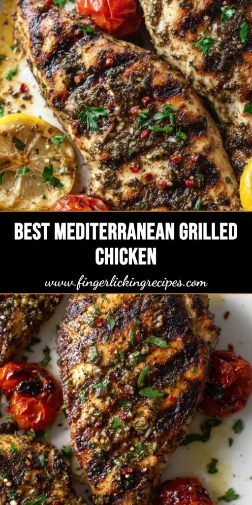 Perfect Mediterranean Grilled Chicken 5 A close-up view of Mediterranean Grilled Chicken with deep grill marks, oregano crust, blistered cherry tomatoes, lemon wedges, and fresh parsley.