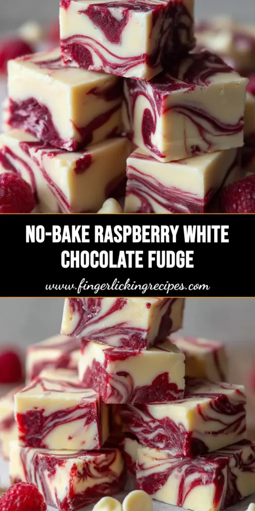 White Chocolate Raspberry Fudge 4 Close-up of thick White Chocolate Raspberry Fudge squares stacked loosely on parchment paper, featuring striking dark red jammy swirls and garnished with fresh raspberries.