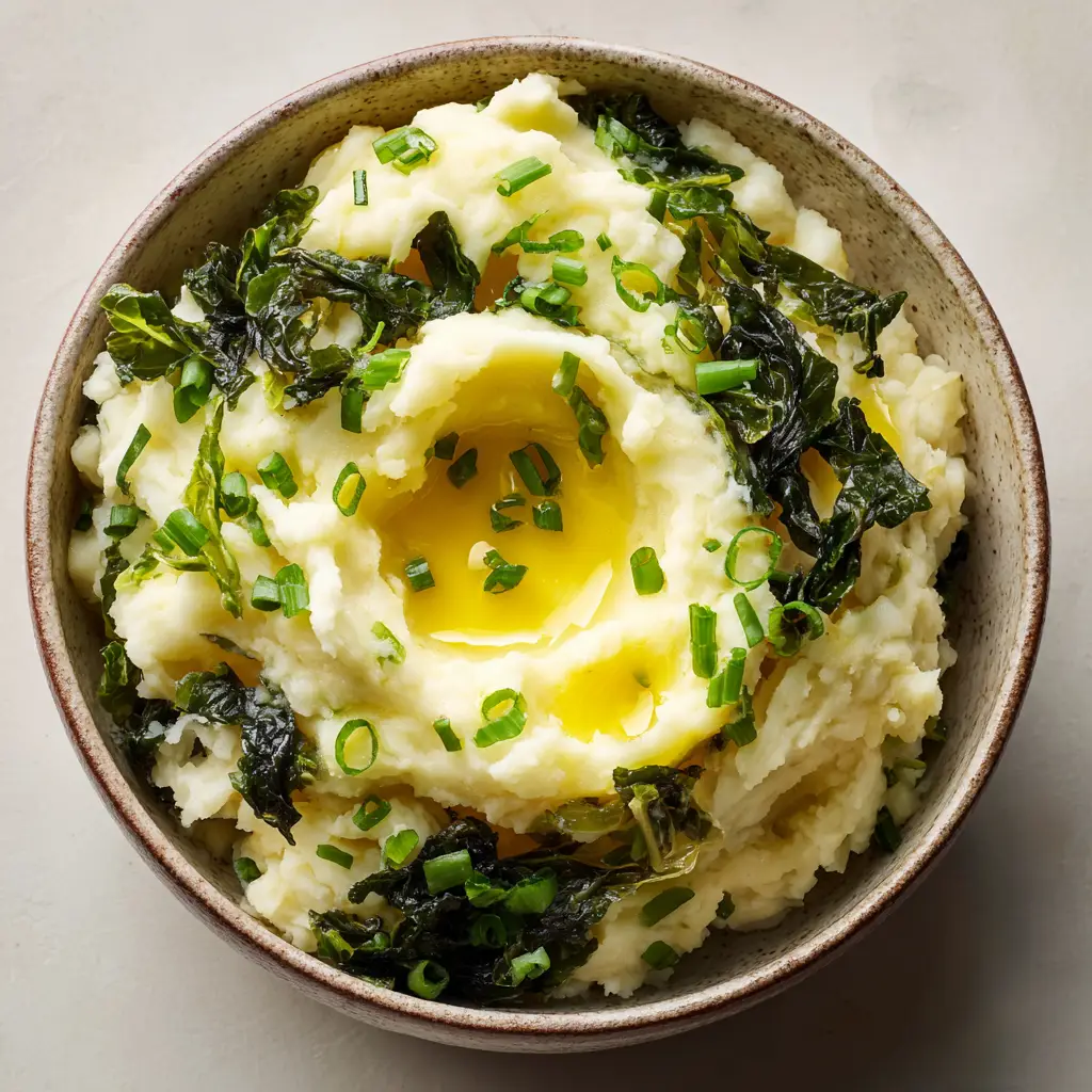 Close up of sauteed green cabbage and dark green kale ribbons in a skillet, ready to be mixed into mashed potatoes.