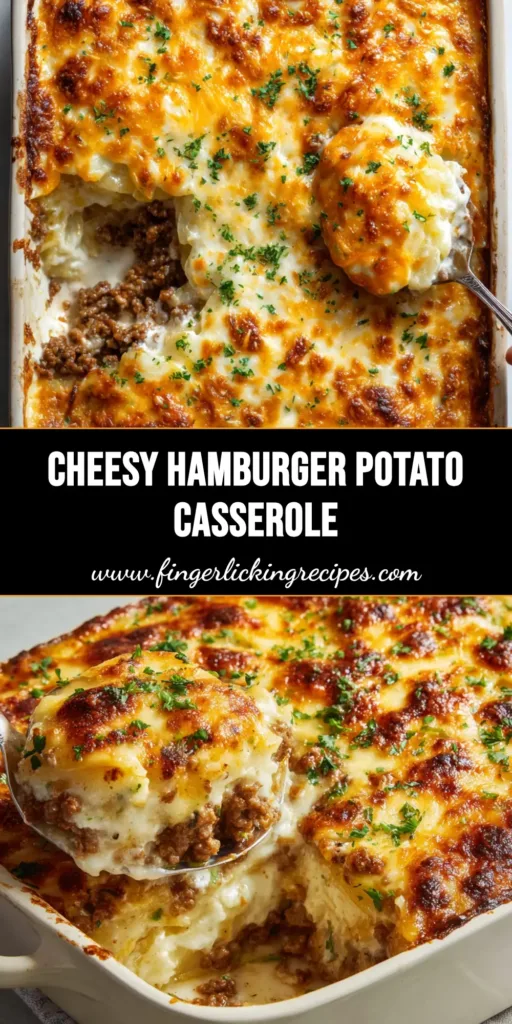 The Ultimate Cheesy Hamburger Potato Casserole 4 A silver serving spoon scooping out a hot, cheesy hamburger potato casserole from a rectangular ceramic baking dish with layers of tender potatoes, beef, white sauce, and bubbling melted cheese topped with green parsley.