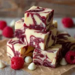 Overhead view of creamy white chocolate fudge pieces with vibrant red raspberry swirls, resting on unbleached parchment.