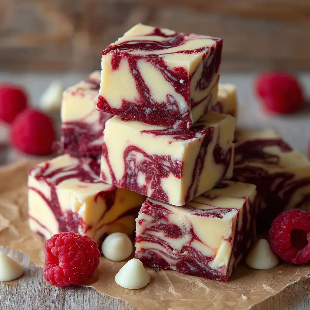 White Chocolate Raspberry Fudge 3 Overhead view of creamy white chocolate fudge pieces with vibrant red raspberry swirls, resting on unbleached parchment.