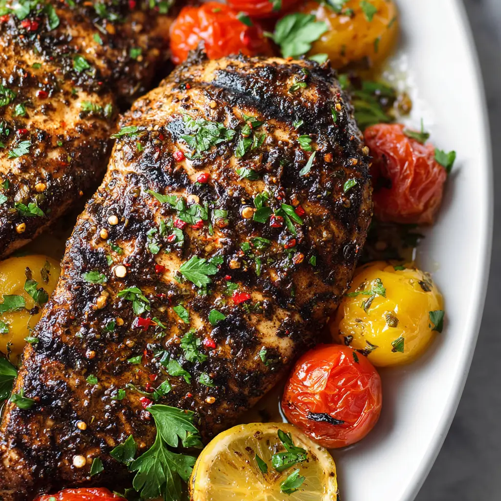 Perfect Mediterranean Grilled Chicken 2 Grilled chicken breast fillets cooking on a hot cast-iron pan showing deep, dark brown grill marks.