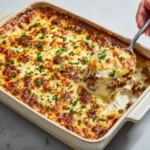 The Ultimate Cheesy Hamburger Potato Casserole Top view of thinly sliced tender baked potatoes layered in a rectangular ceramic baking dish, ready for the crumbled browned ground beef.