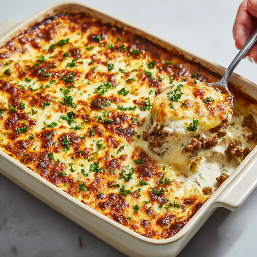 The Ultimate Cheesy Hamburger Potato Casserole 3 Top view of thinly sliced tender baked potatoes layered in a rectangular ceramic baking dish, ready for the crumbled browned ground beef.