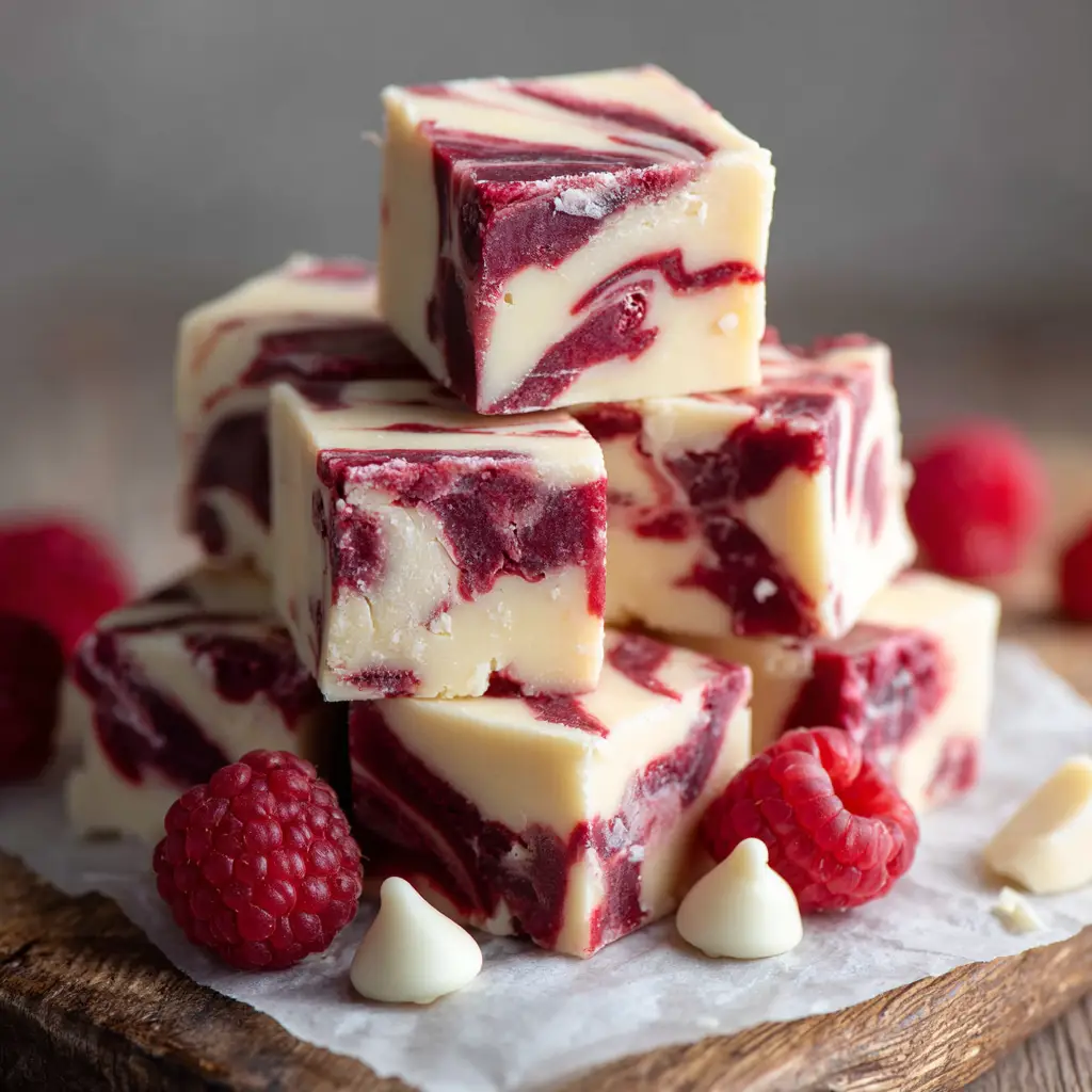 White Chocolate Raspberry Fudge 2 Sharply cut edges of thick White Chocolate Raspberry Fudge stacked on a rustic wooden surface.