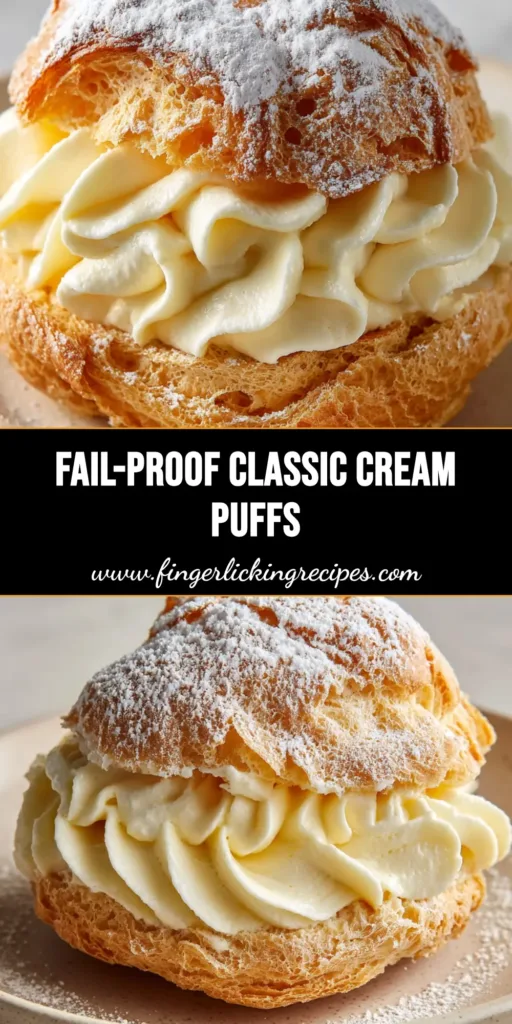 Close-up of a classic cream puff with a golden-brown cracked shell, thick star-piped pale-yellow vanilla cream, heavily dusted with powdered sugar.