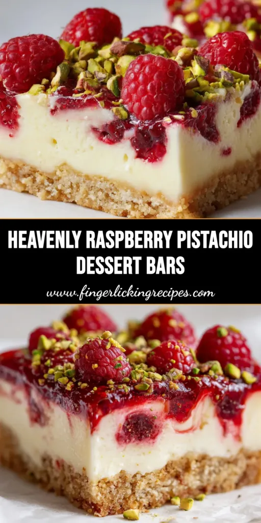 Decadent Raspberry Pistachio Bars 4 A stack of layered dessert bars resting on white parchment paper, featuring a golden shortbread crust, white creamy filling with raspberry swirl, and fresh raspberry and pistachio garnish. (Raspberry Pistachio Bars)