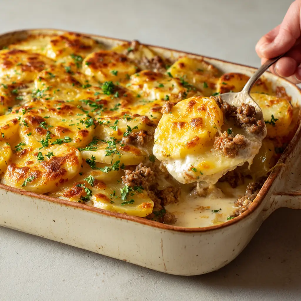 The Ultimate Cheesy Hamburger Potato Casserole 2 Side angle of a baked casserole showing the bubbly, golden-brown charred spots on a thick blanket of gooey, melted cheddar and mozzarella cheese garnished with parsley.