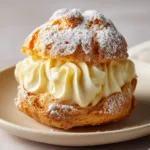 A close-up view of a baked golden-brown classic cream puff sliced in half to reveal a generous layer of pale-yellow vanilla cream.