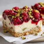 Decadent Raspberry Pistachio Bars A freshly sliced layered dessert bar showing a crumbly golden-brown shortbread crust and a dense creamy white filling swirled with red raspberry jam.