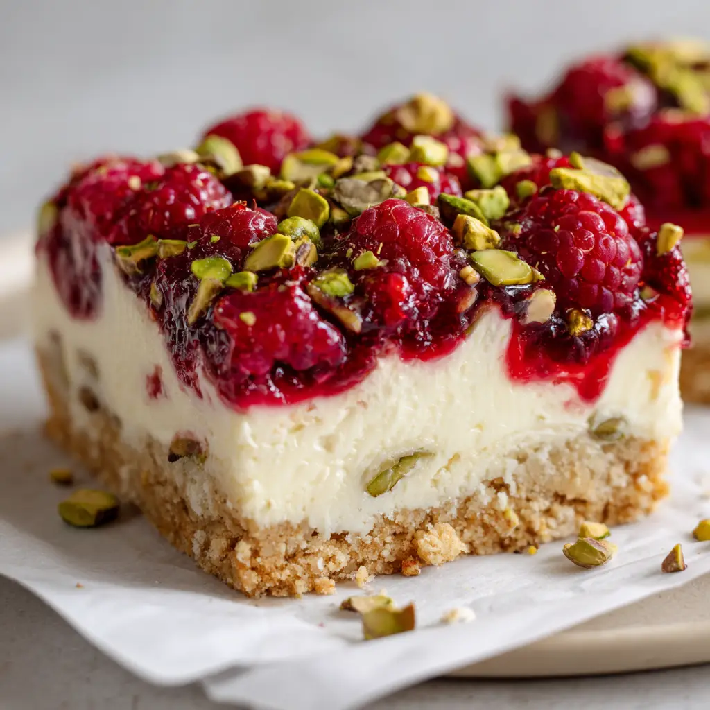 Decadent Raspberry Pistachio Bars 3 A freshly sliced layered dessert bar showing a crumbly golden-brown shortbread crust and a dense creamy white filling swirled with red raspberry jam.