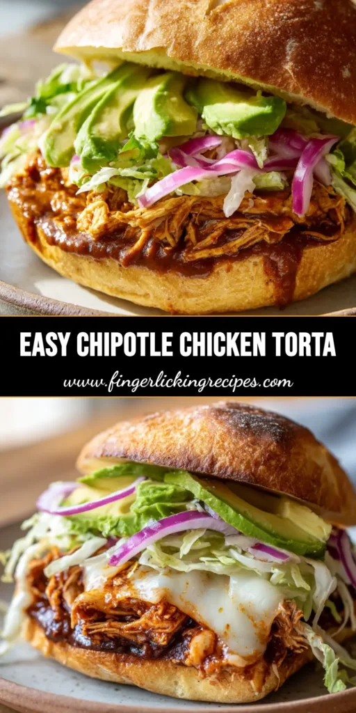 A messy, delicious Mexican Chicken Torta Sandwich with chipotle chicken, melted Oaxaca cheese, avocado, and refried beans on a toasted telera roll.