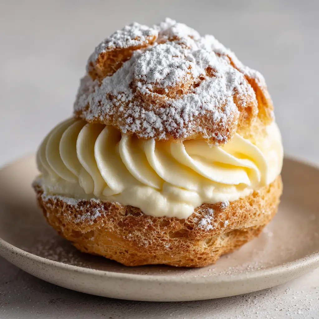 A classic cream puff beautifully filled with a star-piped swirl of thick vanilla pastry cream resting on a beige dessert plate.