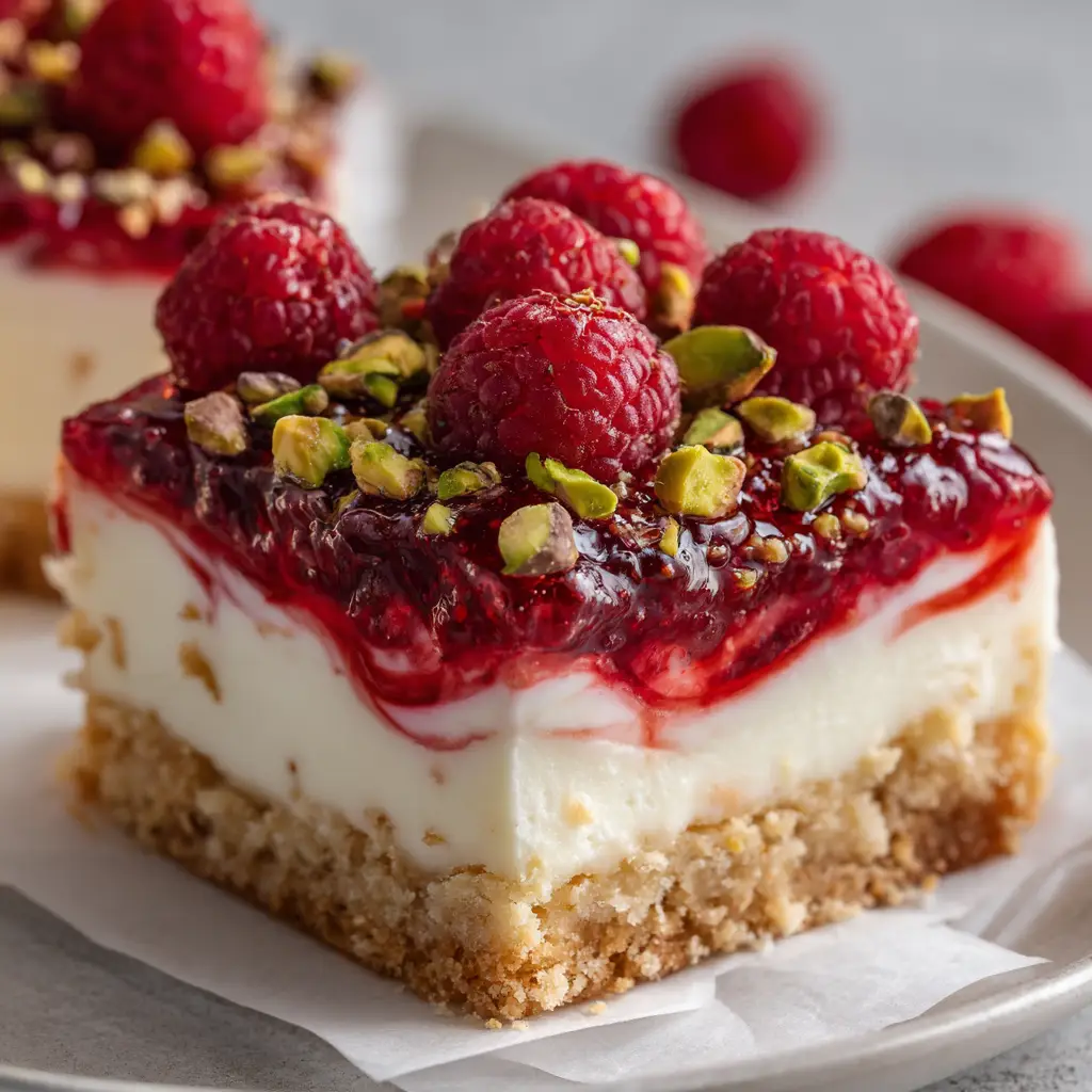 Decadent Raspberry Pistachio Bars 2 A close-up of a dessert bar plated on a simple white ceramic plate, generously garnished with whole plump red raspberries and vibrant green roasted pistachios.
