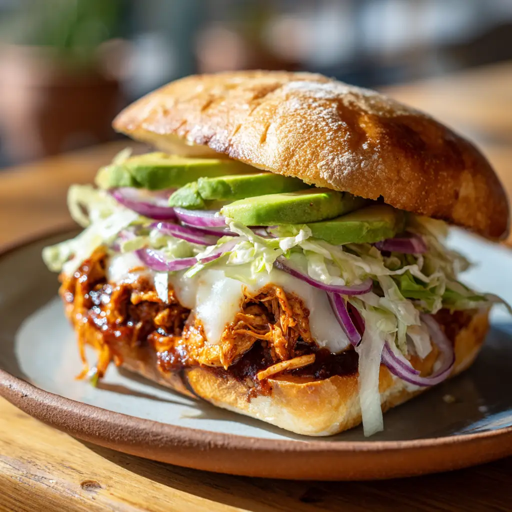 A close up of shredded chicken coated in a rich reddish-brown chipotle sauce for a torta sandwich.