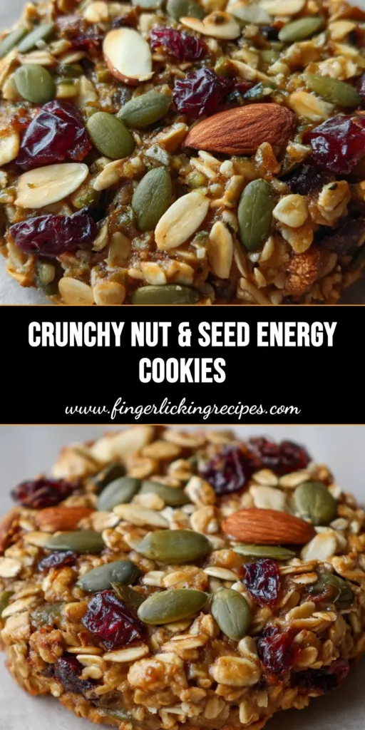 A stack of tightly bound Healthy Nut and Seed Cookies showing a clustered caramelized oat matrix, green pumpkin seeds, and shiny dried cranberries.