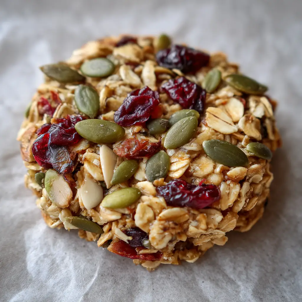 Close up unedited handheld smartphone photo of a thick rustic round cookie, heavily textured and densely packed with tightly bound ingredients on unbleached parchment.
