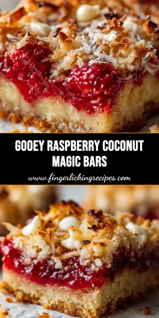 Raspberry Coconut Magic Bars: A Decadent Berry Dessert 5 A close up macro shot of a freshly baked raspberry coconut magic bar sitting on a piece of crumpled white parchment paper with oozing jam and toasted coconut.