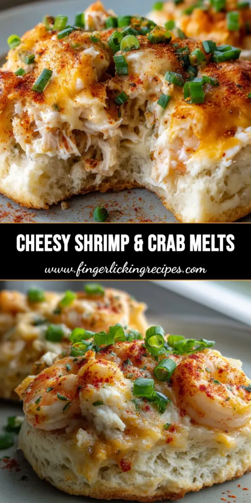 A close up of a Shrimp and Crab Biscuit Melt topped with creamy seafood, melted cheddar and mozzarella, garnished with green onions and paprika.