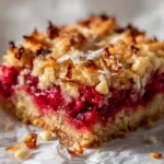 Thick layer of oozing red raspberry preserve mixed with softened, baked whole raspberries over a golden brown buttery graham cracker base layer.