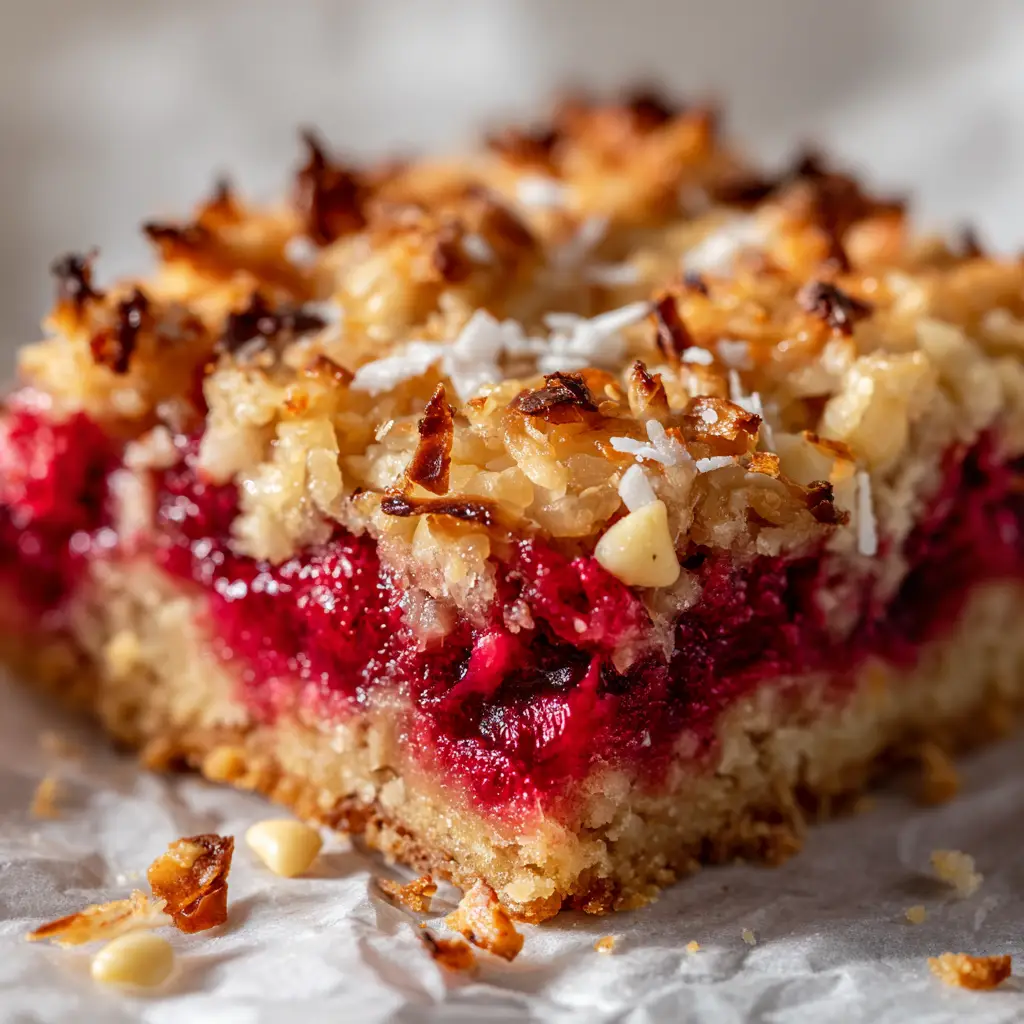 Raspberry Coconut Magic Bars: A Decadent Berry Dessert 3 Thick layer of oozing red raspberry preserve mixed with softened, baked whole raspberries over a golden brown buttery graham cracker base layer.