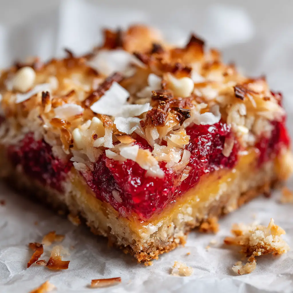 Raspberry Coconut Magic Bars: A Decadent Berry Dessert 2 A dense, textured mound of toasted shredded coconut flakes, charred on the tips, mixed with glossy melted white chocolate chips.