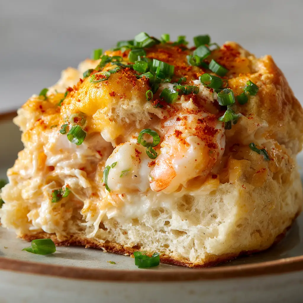 Golden brown flaky biscuit halves ready to be topped with the creamy seafood and cheese mixture.