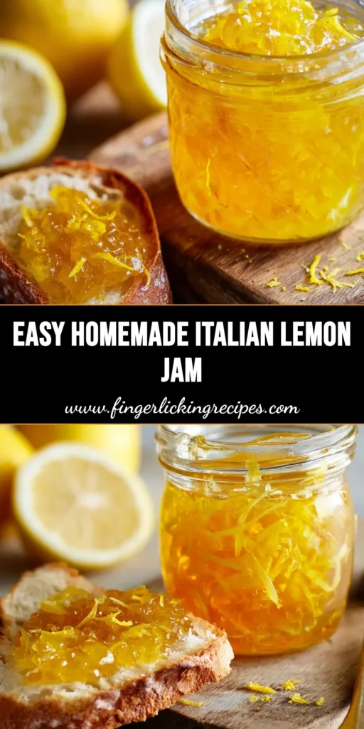 Vibrant Authentic Italian Lemon Jam Recipe 5 A rustic clear glass mason jar filled with translucent bright yellow Italian Lemon Jam with candied peel slivers, next to crusty artisan bread.