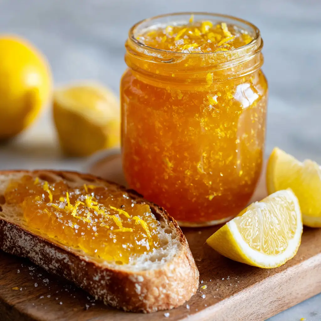 Vibrant Authentic Italian Lemon Jam Recipe 2 A thick slice of golden toasted crusty artisan bread generously smeared with glossy yellow lemon jam.
