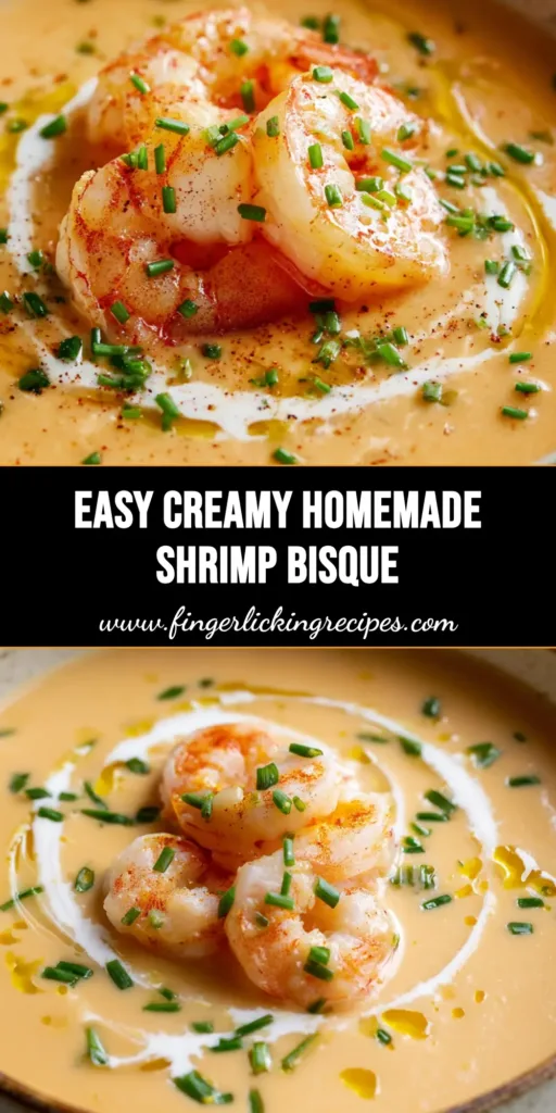 The Ultimate Creamy Shrimp Bisque Recipe 4 A close-up view of a creamy, velvety pale orange shrimp bisque in a rustic bowl garnished with whole plump pink shrimp, a swirl of heavy cream, a drizzle of golden olive oil, and fresh green chives.